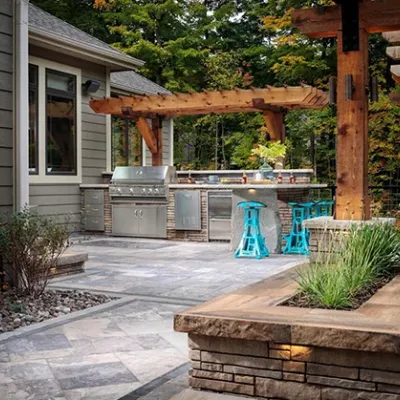 hardscaping, backyard patio with outdoor kitchen