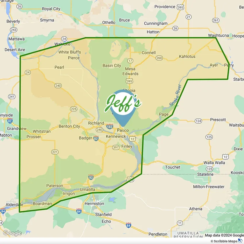 Jeff's Irrigation and Landscaping Service Area Map Pasco, Washington